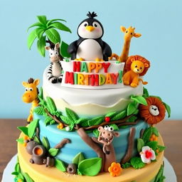 A beautifully designed Madagascar-themed cake, adorned with vibrant colors and intricate animal decorations