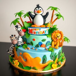 A beautifully designed Madagascar-themed cake, adorned with vibrant colors and intricate animal decorations