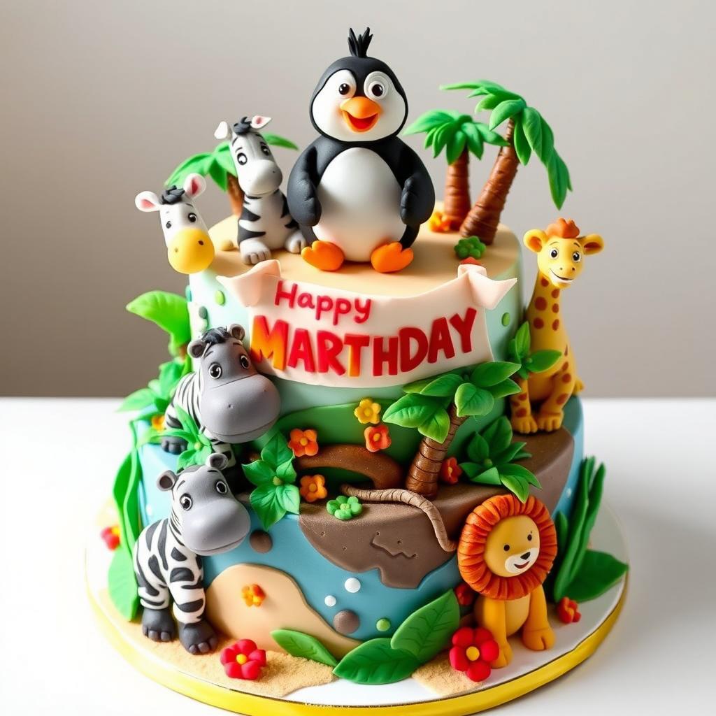 A beautifully designed Madagascar-themed cake, adorned with vibrant colors and intricate animal decorations