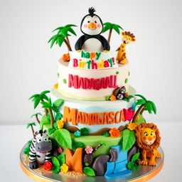 A beautifully designed Madagascar-themed cake, adorned with vibrant colors and intricate animal decorations