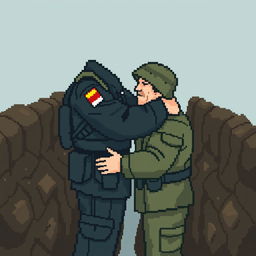 A pixel art portrayal of a Ukrainian soldier and a Russian soldier embracing each other in a trench