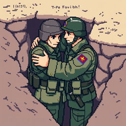 A pixel art portrayal of a Ukrainian soldier and a Russian soldier embracing each other in a trench