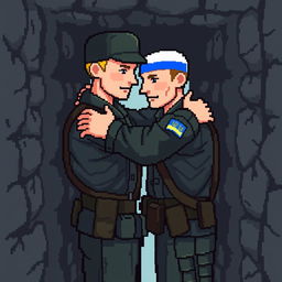 A pixel art portrayal of a Ukrainian soldier and a Russian soldier embracing each other in a trench