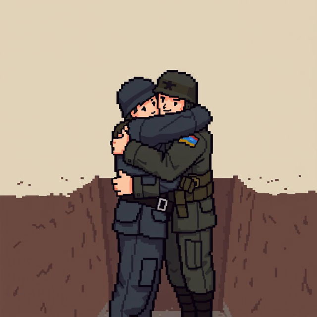 A pixel art portrayal of a Ukrainian soldier and a Russian soldier embracing each other in a trench