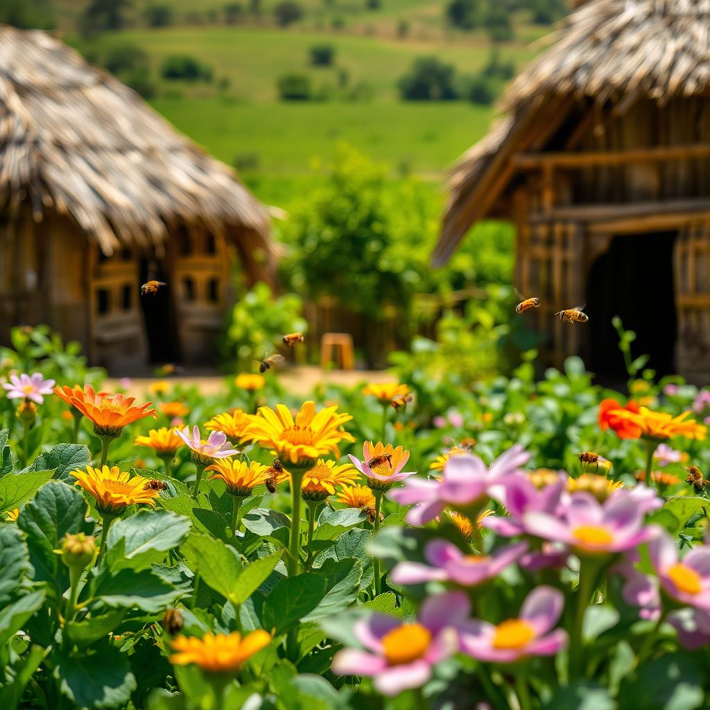 In an African rural village with grass-thatched houses, the plants and vegetables bloom beautifully, showcasing a rich palette of vibrant and fresh colors