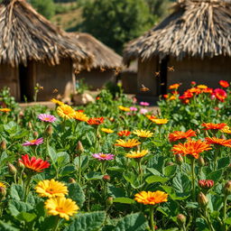 In an African rural village with grass-thatched houses, the plants and vegetables bloom beautifully, showcasing a rich palette of vibrant and fresh colors