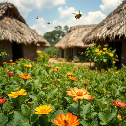 In an African rural village with grass-thatched houses, the plants and vegetables bloom beautifully, showcasing a rich palette of vibrant and fresh colors