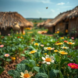 In an African rural village with grass-thatched houses, the plants and vegetables bloom beautifully, showcasing a rich palette of vibrant and fresh colors