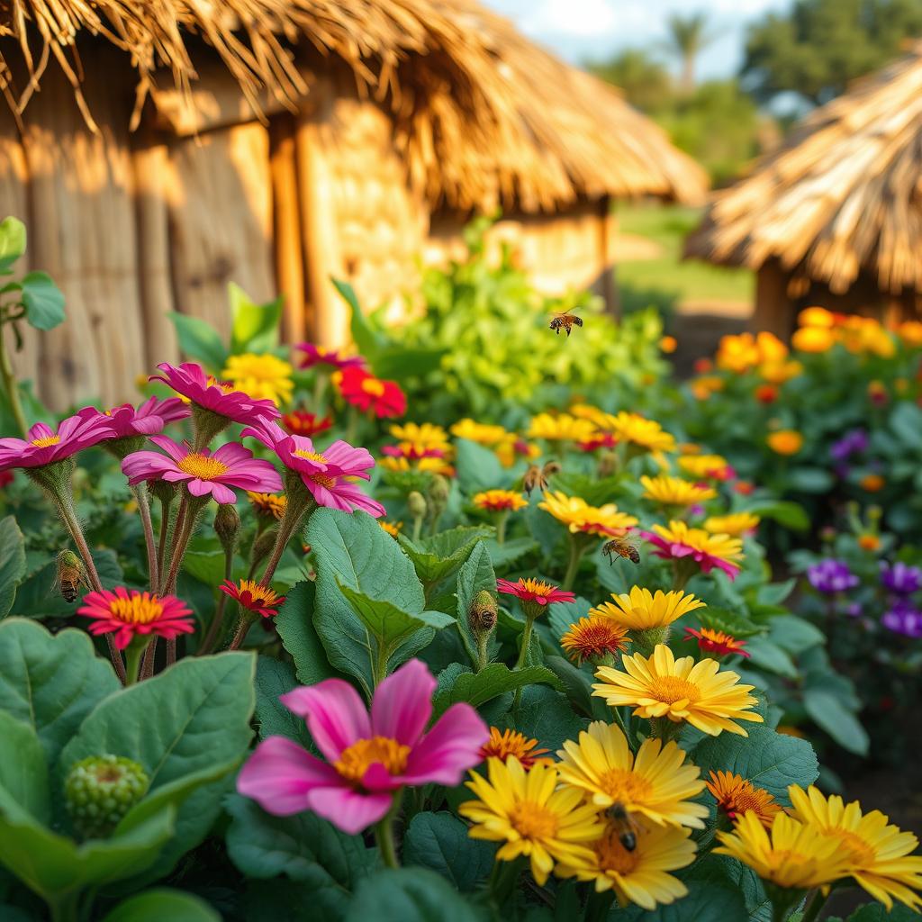 In an African rural village with grass-thatched houses, the African vegetables bloom beautifully, displaying a diverse array of vivid and fresh colors