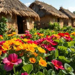 In an African rural village with grass-thatched houses, the African vegetables bloom beautifully, displaying a diverse array of vivid and fresh colors