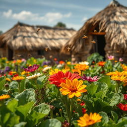 In an African rural village with grass-thatched houses, the African vegetables bloom beautifully, displaying a diverse array of vivid and fresh colors