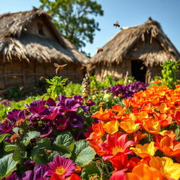 In an African rural village with grass-thatched houses, the African vegetables bloom beautifully, displaying a diverse array of vivid and fresh colors