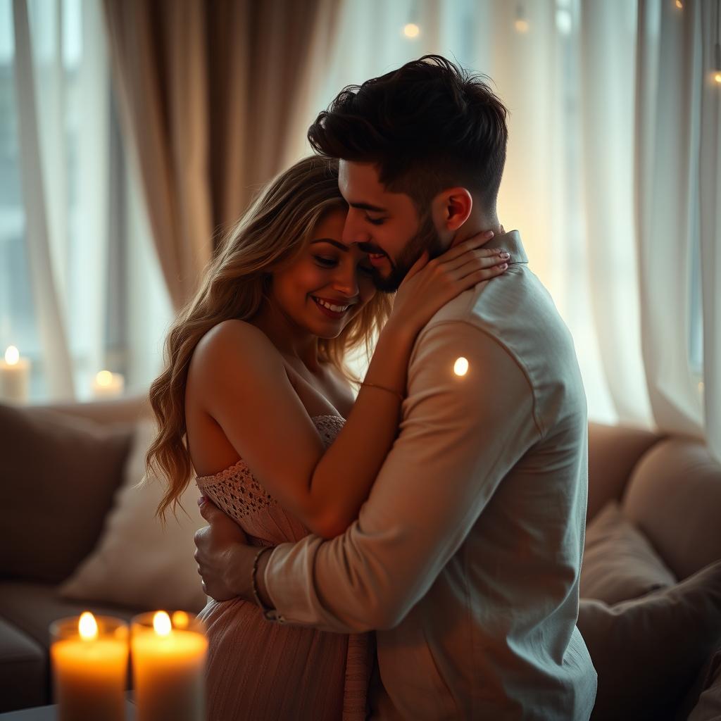 A couple embracing each other in an intimate and romantic setting, with gentle candlelight casting soft glows on their faces, surrounded by a setting that radiates warmth and affection, such as a cozy room with plush furnishings, maybe some gentle curtains swaying slightly by a window, setting a mood of loving connection and tenderness