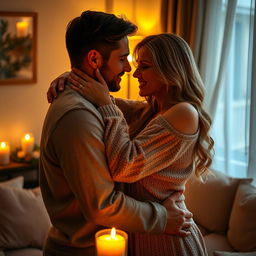 A couple embracing each other in an intimate and romantic setting, with gentle candlelight casting soft glows on their faces, surrounded by a setting that radiates warmth and affection, such as a cozy room with plush furnishings, maybe some gentle curtains swaying slightly by a window, setting a mood of loving connection and tenderness