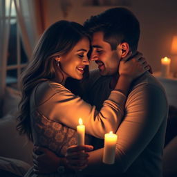 A couple embracing each other in an intimate and romantic setting, with gentle candlelight casting soft glows on their faces, surrounded by a setting that radiates warmth and affection, such as a cozy room with plush furnishings, maybe some gentle curtains swaying slightly by a window, setting a mood of loving connection and tenderness