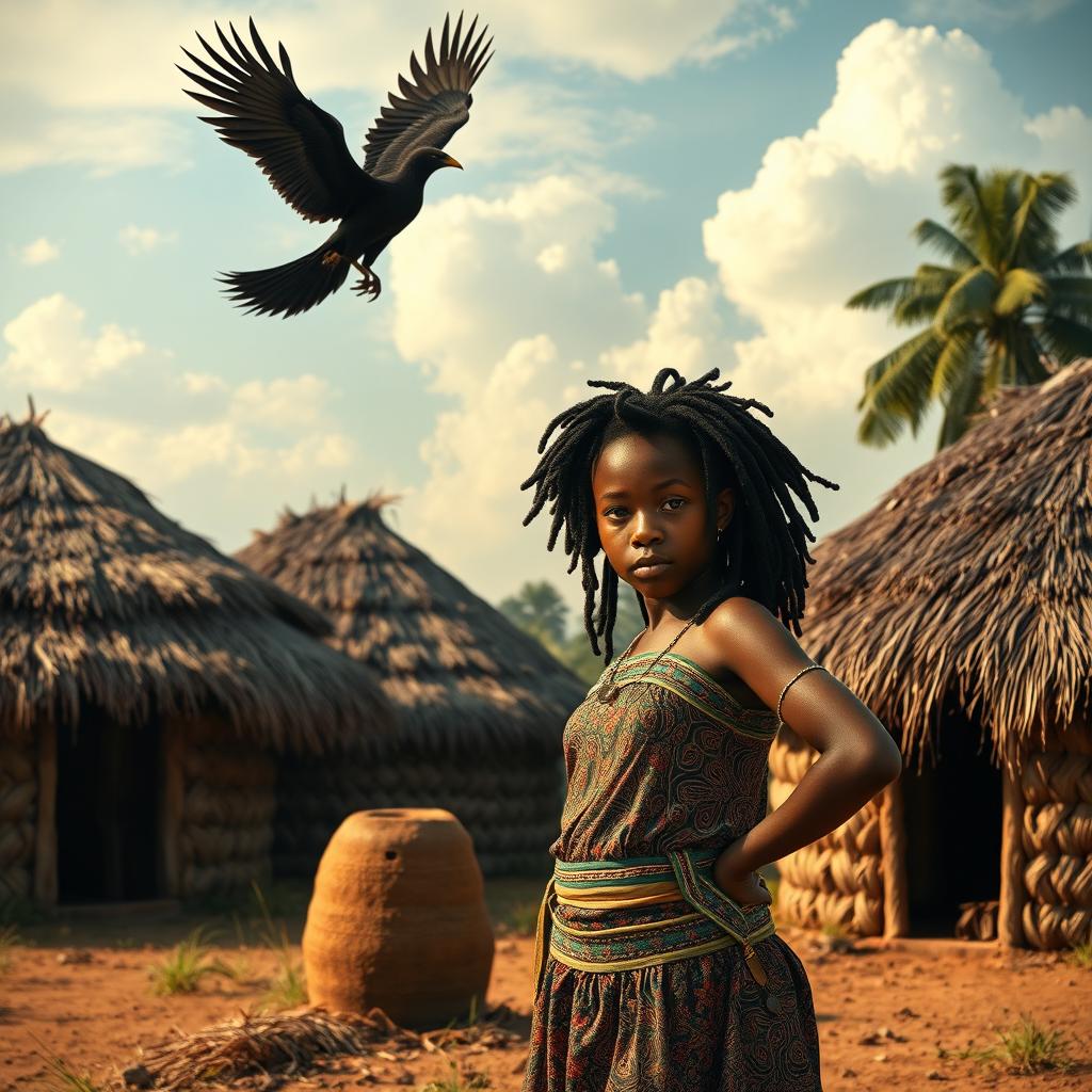 In an African rural village with grass-thatched houses, a black teenage African girl with locs stands proudly next to a beehive