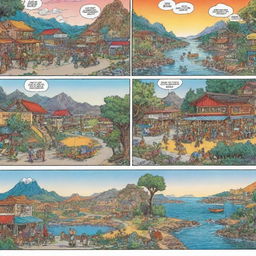 A vibrant comic strip with four panels, each telling a part of a humorous story with captivating, detailed characters and colorful scenery