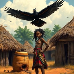 In an African rural village with grass-thatched houses, a black teenage African girl with locs stands proudly next to a beehive