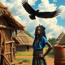 In an African rural village with grass-thatched houses, a black teenage African girl with locs stands proudly next to a beehive