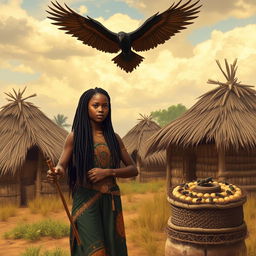 In an African rural village with grass-thatched houses, a black teenage African girl with locs stands proudly next to a beehive