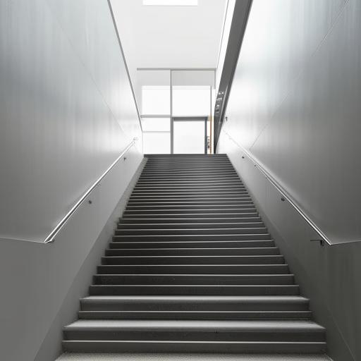 Design a city stairway with materials and features that repel dust, with focus on smooth surfaces, gloss finishes, and plants strategically placed to create a clean, dust-free appearance.