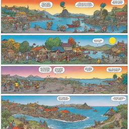 A vibrant comic strip with four panels, each telling a part of a humorous story with captivating, detailed characters and colorful scenery