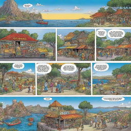 A vibrant comic strip with four panels, each telling a part of a humorous story with captivating, detailed characters and colorful scenery