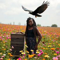 In a field with beautiful blooming flowers, a black teenage African girl with locs stands proudly next to a beehive