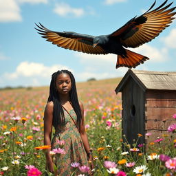 In a field with beautiful blooming flowers, a black teenage African girl with locs stands proudly next to a beehive