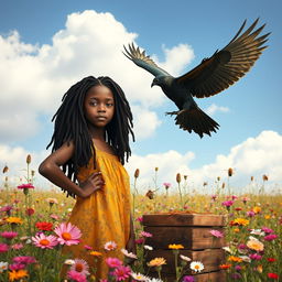 In a field with beautiful blooming flowers, a black teenage African girl with locs stands proudly next to a beehive