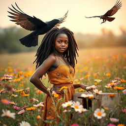 In a field with beautiful blooming flowers, a black teenage African girl with locs stands proudly next to a beehive