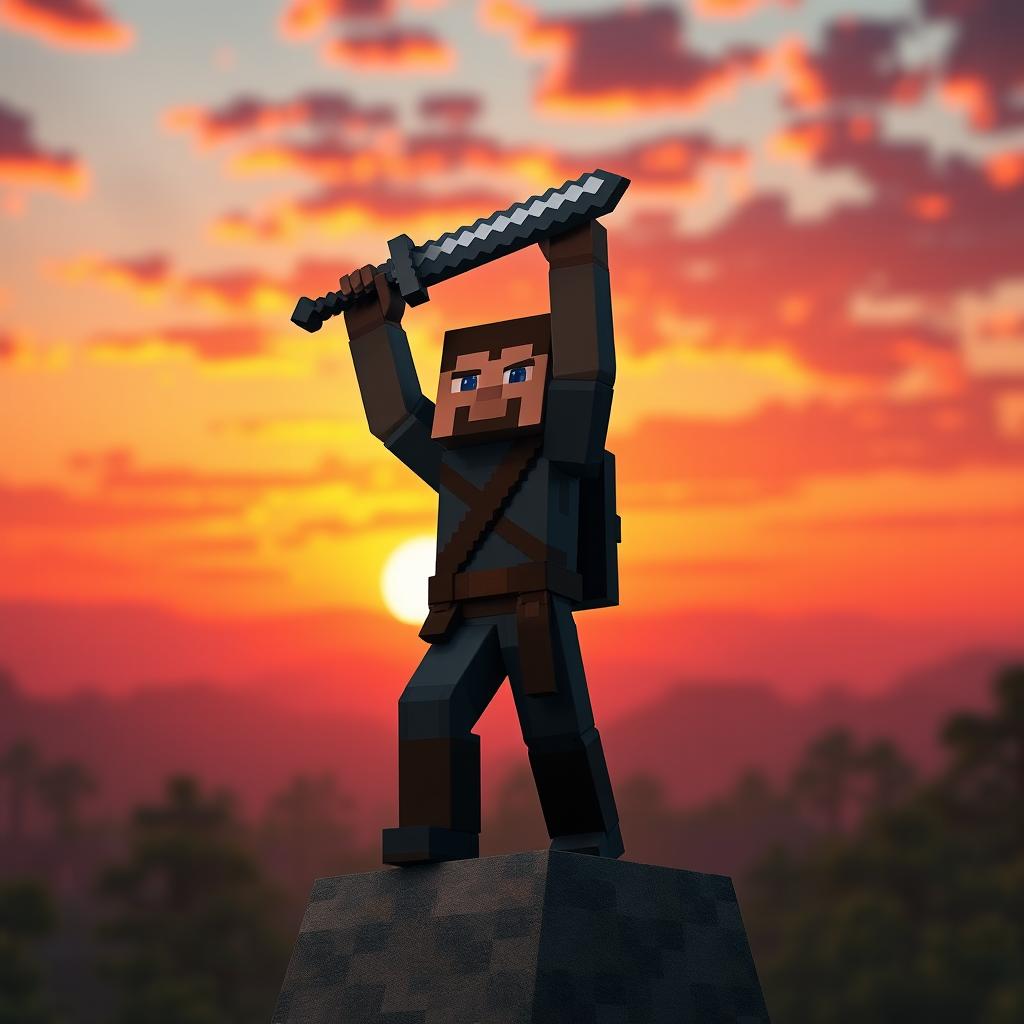 In a Minecraft style, an adventurer heroically holds a sword aloft over his head, standing triumphantly with one foot on a pebble