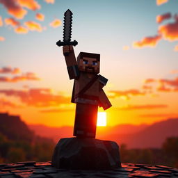 In a Minecraft style, an adventurer heroically holds a sword aloft over his head, standing triumphantly with one foot on a pebble