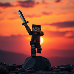 In a Minecraft style, an adventurer heroically holds a sword aloft over his head, standing triumphantly with one foot on a pebble