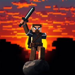 In a Minecraft style, an adventurer heroically holds a sword aloft over his head, standing triumphantly with one foot on a pebble