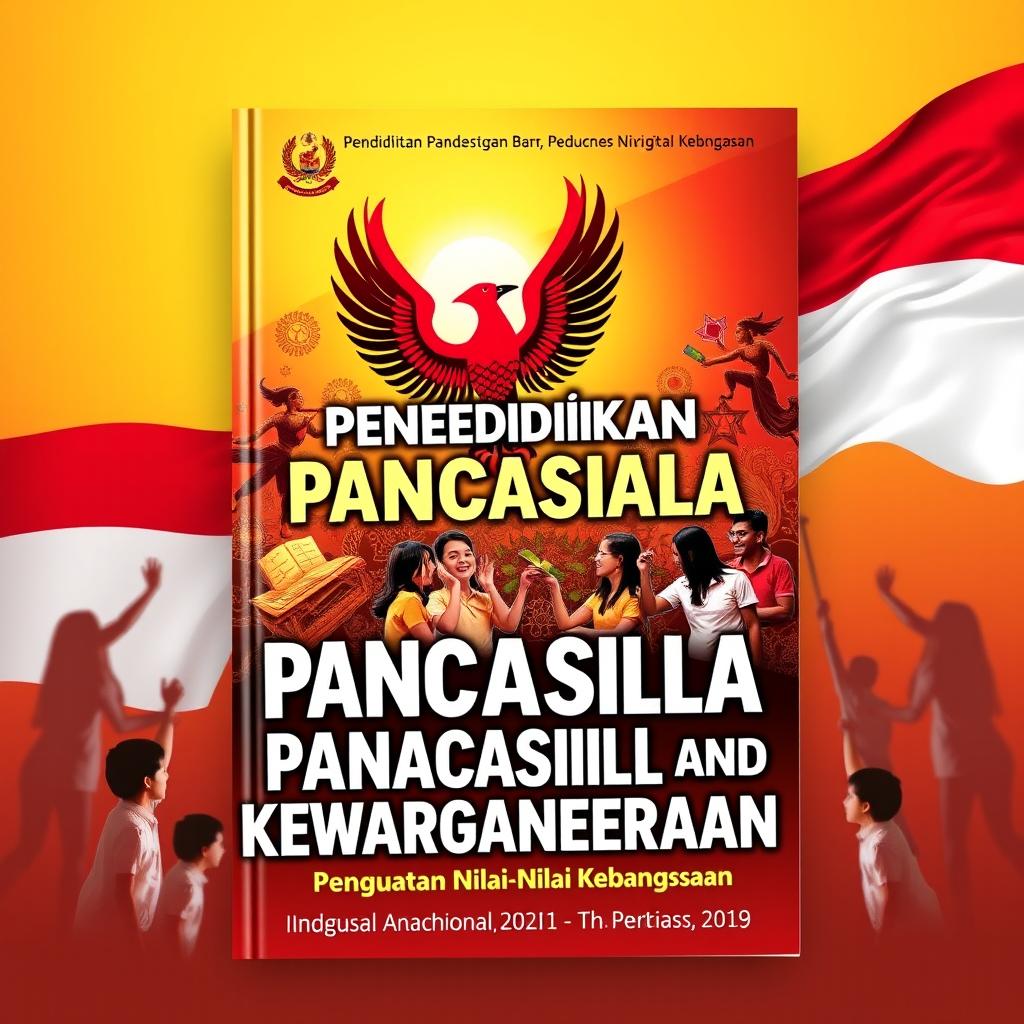 A dynamic and inspiring book cover for "Pendidikan Pancasila dan Kewarganegaraan: Penguatan Nilai-Nilai Kebangsaan"