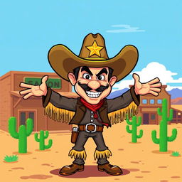 A charismatic sheriff with a vintage arcade style, featuring a cartoonish large hat with a shiny star emblem, flamboyant fringed attire, and an exaggeratedly confident expression