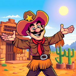 A charismatic sheriff with a vintage arcade style, featuring a cartoonish large hat with a shiny star emblem, flamboyant fringed attire, and an exaggeratedly confident expression