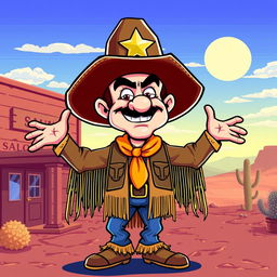 A charismatic sheriff with a vintage arcade style, featuring a cartoonish large hat with a shiny star emblem, flamboyant fringed attire, and an exaggeratedly confident expression