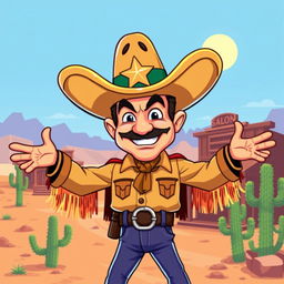 A charismatic sheriff with a vintage arcade style, featuring a cartoonish large hat with a shiny star emblem, flamboyant fringed attire, and an exaggeratedly confident expression