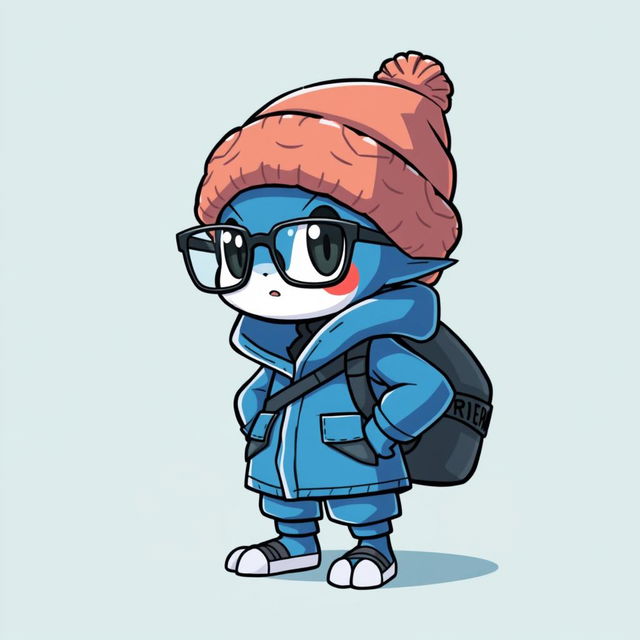 A Pokémon trainer sprite with a vibrant blue outfit, accessorized with a cozy woolen beanie and sleek glasses