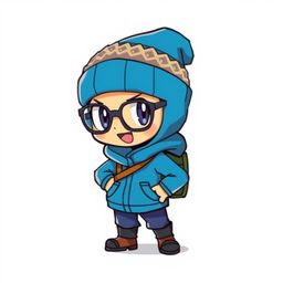 A Pokémon trainer sprite with a vibrant blue outfit, accessorized with a cozy woolen beanie and sleek glasses