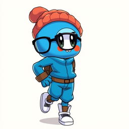 A Pokémon trainer sprite with a vibrant blue outfit, accessorized with a cozy woolen beanie and sleek glasses