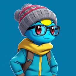 A Pokémon trainer sprite with a vibrant blue outfit, accessorized with a cozy woolen beanie and sleek glasses