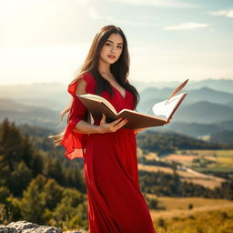 A young audacious woman with long black hair, dressed in a flowing red dress, embarks on the metaphorical journey of writing a book as a path to authenticity, sensitivity, and personal growth