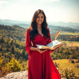 A young audacious woman with long black hair, dressed in a flowing red dress, embarks on the metaphorical journey of writing a book as a path to authenticity, sensitivity, and personal growth