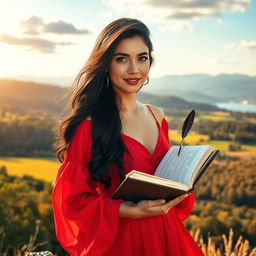 A young audacious woman with long black hair, dressed in a flowing red dress, embarks on the metaphorical journey of writing a book as a path to authenticity, sensitivity, and personal growth