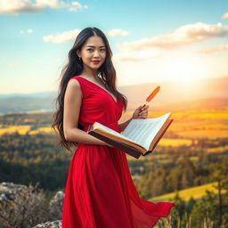 A young audacious woman with long black hair, dressed in a flowing red dress, embarks on the metaphorical journey of writing a book as a path to authenticity, sensitivity, and personal growth