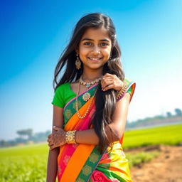 A beautiful Bangladeshi girl with traditional clothing, featuring a vibrant saree, intricate jewelry, and henna tattoos on her hands