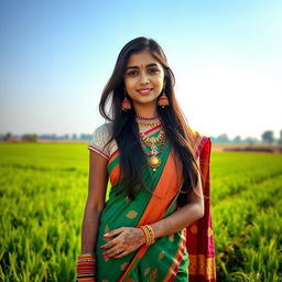 A beautiful Bangladeshi girl with traditional clothing, featuring a vibrant saree, intricate jewelry, and henna tattoos on her hands